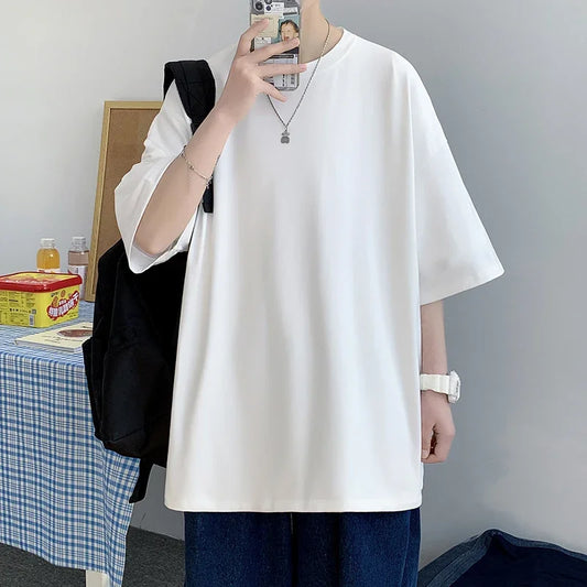 sanyamk  -  Men's Cotton Fashion Tshirt Solid Mens Summer T-shirts 5XL Male Oversized Tee Shirts Funny White Casual T Shirt For Man