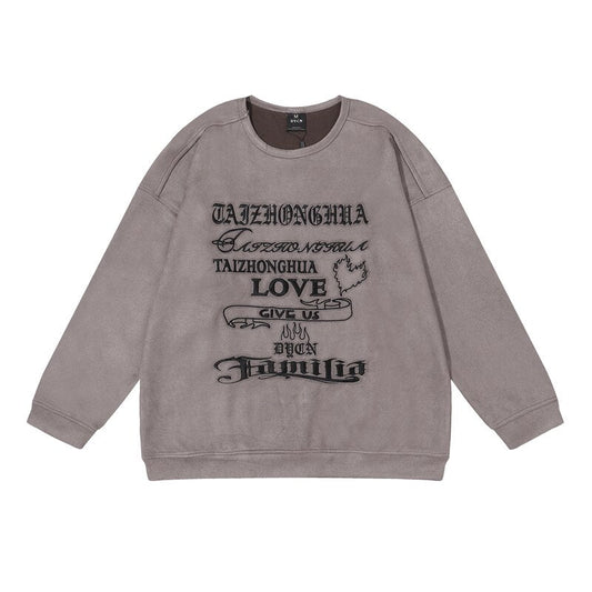 sanyamk High Street Letter Embroidery Suede Sweatshirts for Men and Women Retro Round Neck Pullover Casual Oversize Autumn Winter Hoodie