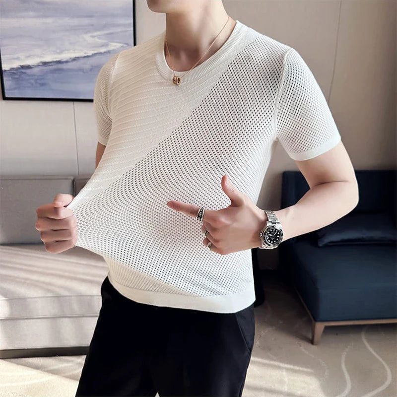 sanyamk Casual Striped Contrast Color Knit T-shirts Men Summer Fashion O Neck Short Sleeve Slim Knitted Tops Mens Leisure Breathable Tee