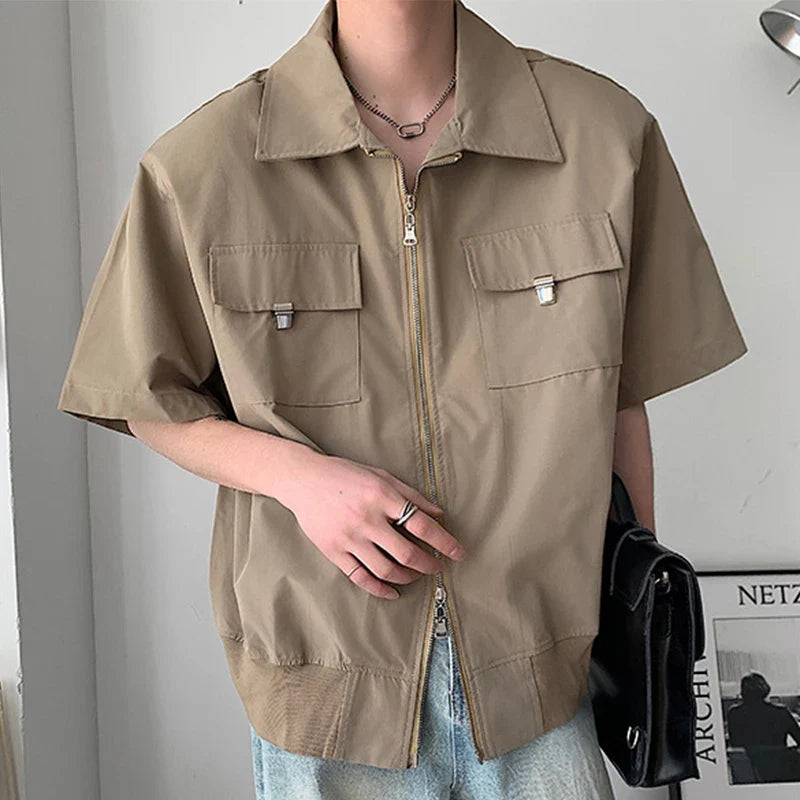 sanyamk 2024 Summer New Mens Fashion Shirts Zipper Turn-down Collar Patchs Pockets Cargo Shirt Men Vintage Y2K Loose Short Sleeve Shirts