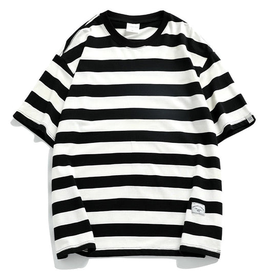 sanyamk New Vintage Contrast Striped Japanese Crewneck Heavy T Shirt Men's Short Sleeves for Summer