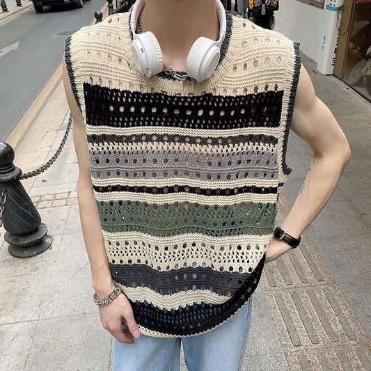 sanyamk Fashion Knitted Vest Y2k Streetwear Trend Hollow Sleeveless Top Men's Striped Contrast Color Loose Tank Tops Genderless Clothing