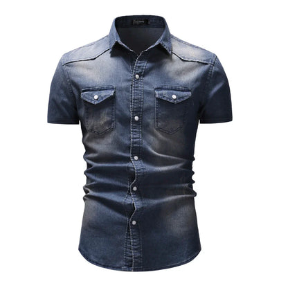 sanyamk Summer New Simple Men Denim Shirt Casual Business Mens Short Sleeve Shirts Fashion Polo Collar Male Tops