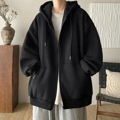 sanyamk Cotton Zipper Cardigan Men Spring Autumn Winter Tide Loose Casual American Retro Lazy Hundred Hooded Jacket Soft and Comfortable