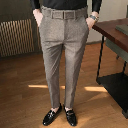 BONSIR  -  Autumn and Winter Men's Fashion Solid Color Fabric Casual Thickened Wool Business Brushed Straight Tube Versatile Pants