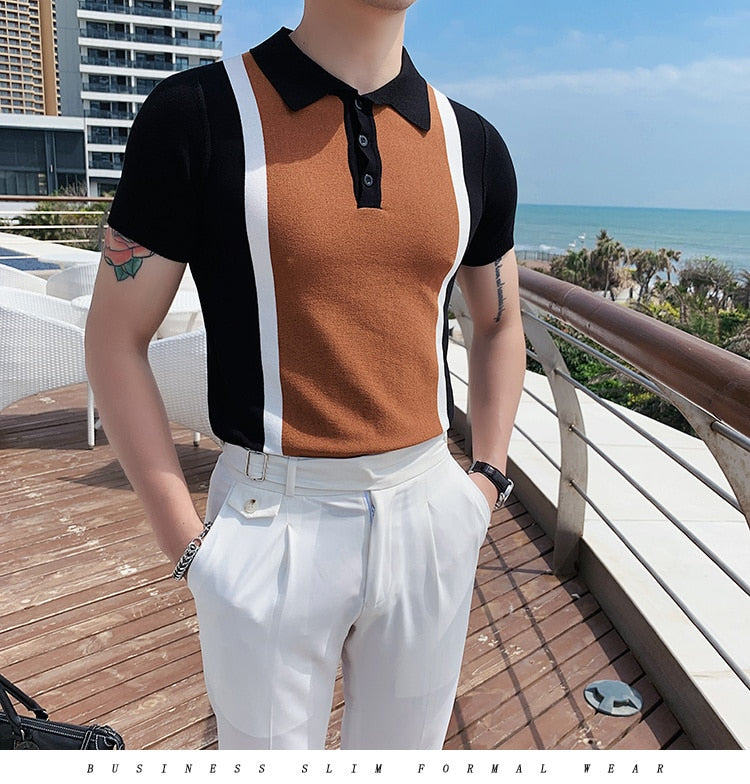 sanyamk Summer Top Quality Green White Color Contrast Knitted Polo Men Breathable Polo Short Sleeve Playera Polo Hombre Slim Men Polo