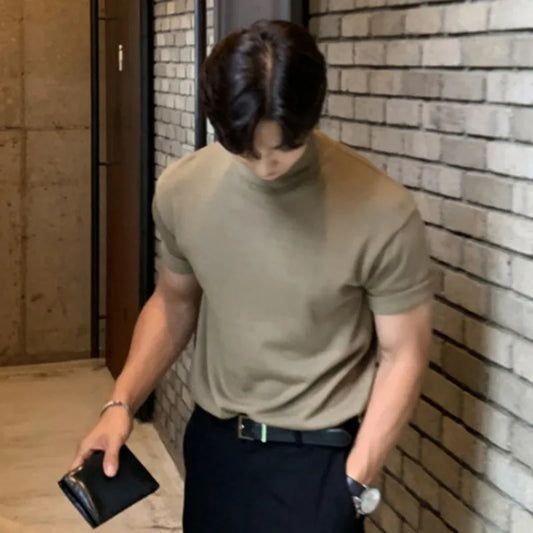 sanyamk  -  Business Casual Men's T-shirts Knitting Mock Neck Short Sleeve  Loose Male Tops Solid Color Minimalist New Summer 9C6418