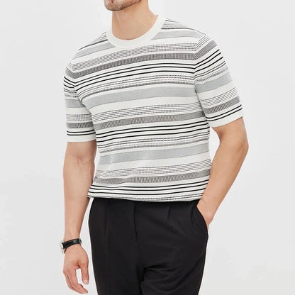 sanyamk New Fashion Slim O Neck T Shirt Knit Mens Short Sleeve Knitting Tops 2024 Spring Summer Casual Striped Knitted Tee Men Pullovers