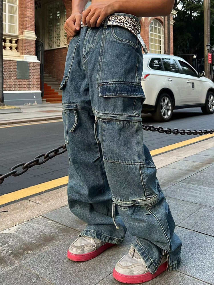 sanyamk Retro Loose Washable Jeans for Men Y2K Large Pocket Straight Sleeve Jeans Baggy Wide Leg Zipper Hip Hop Casual Pants Floor