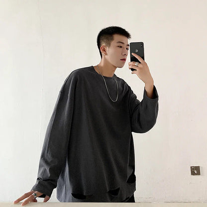 sanyamk  -  Men's Long Sleeved T-Shirt Solid Color Bottom Shirt Spring Fashion Brand Hem Hole Design Street Loose Hip-Hop T-Shirt