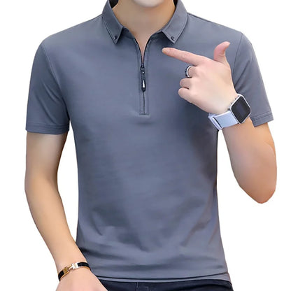 sanyamk Summer Solid Color Cotton Polo Shirt Business Lapel Short-Sleeved Fashion Simple Men'S Tops Slim Casual Sports Men'S T-Shirt