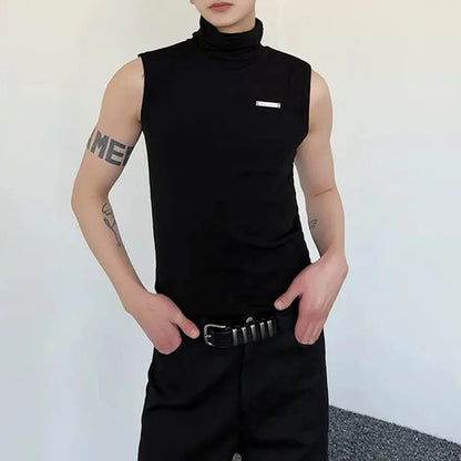 Bonsir Summer Unique Temperament High Collar Sleeveless Vest Mens Slim Solid Color Top Casual Street Genderless Sleeveless T-Shirt