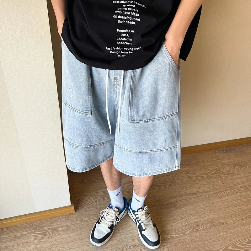 sanyamk Summer New High Street Casual Versatile Denim Capris Elastic Waist Men's Korean Style Loose Wide Leg Large Pocket Shorts