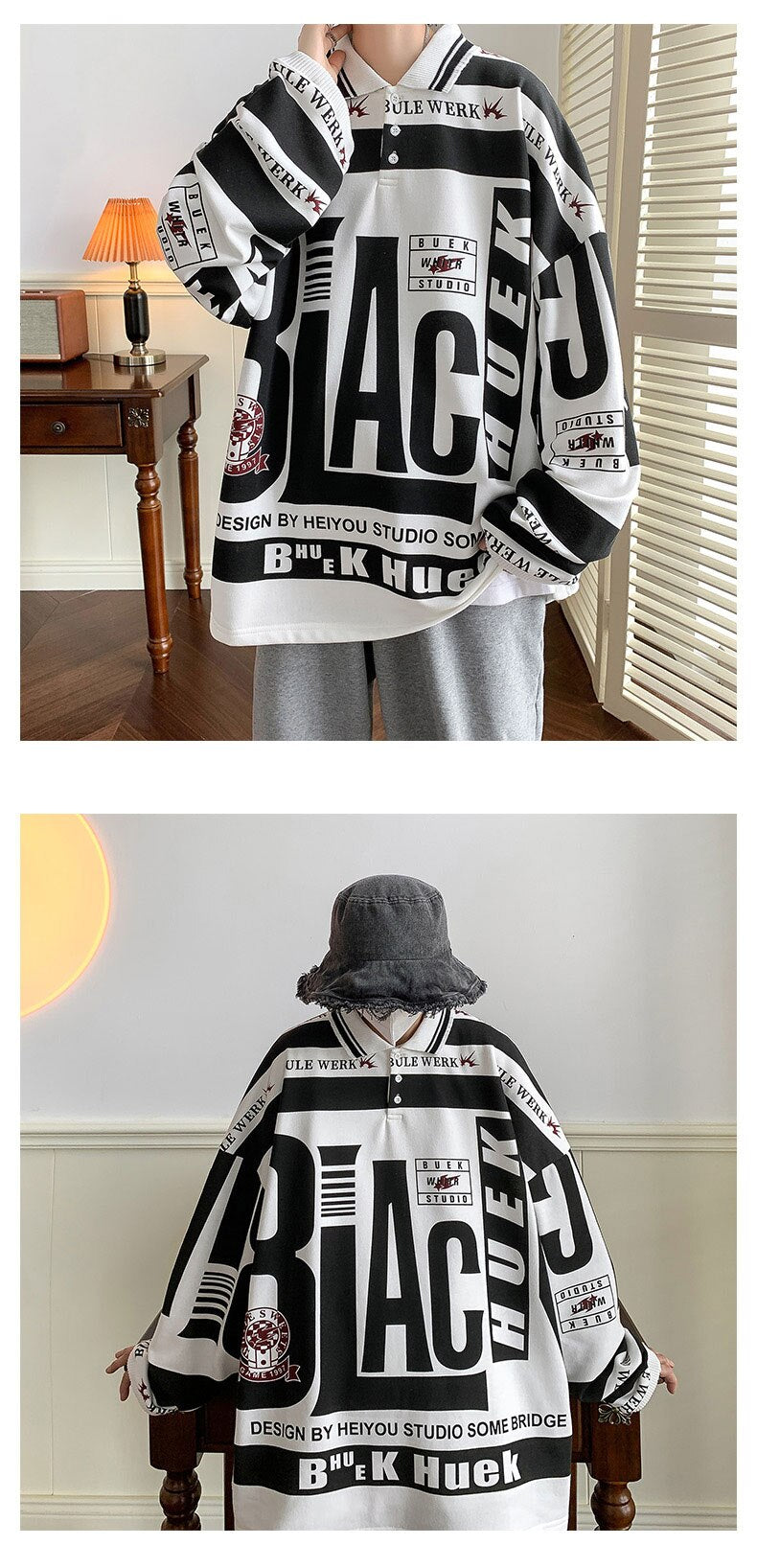 Bonsir New Trend Men's Lapel Sweatshirt Letter Print Hoodies Long Sleeve Couple Top Loose Fashion Street Boy Pullover Hip Hop Sweater