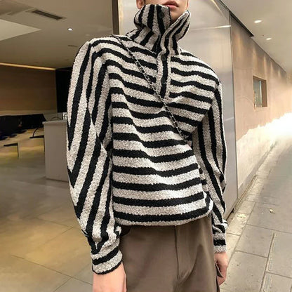 Bonsir Autumn And Winter Striped Color-Blocked Sweater Lazy Style Short Lapel Sweatshirt Unisex Loose Casual Long-Sleeved Top