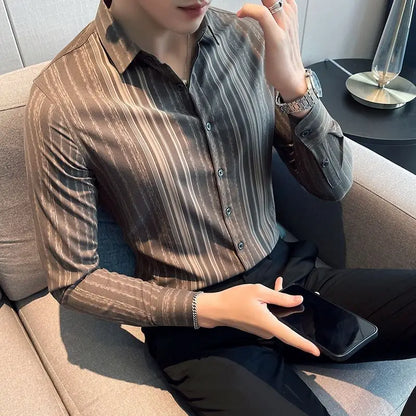 sanyamk Spring Autumn Striped Printing Bottoming Shirt Men Korean Fashion Long Sleeve Vintage Business Casual Blouse Male Cardigans Top