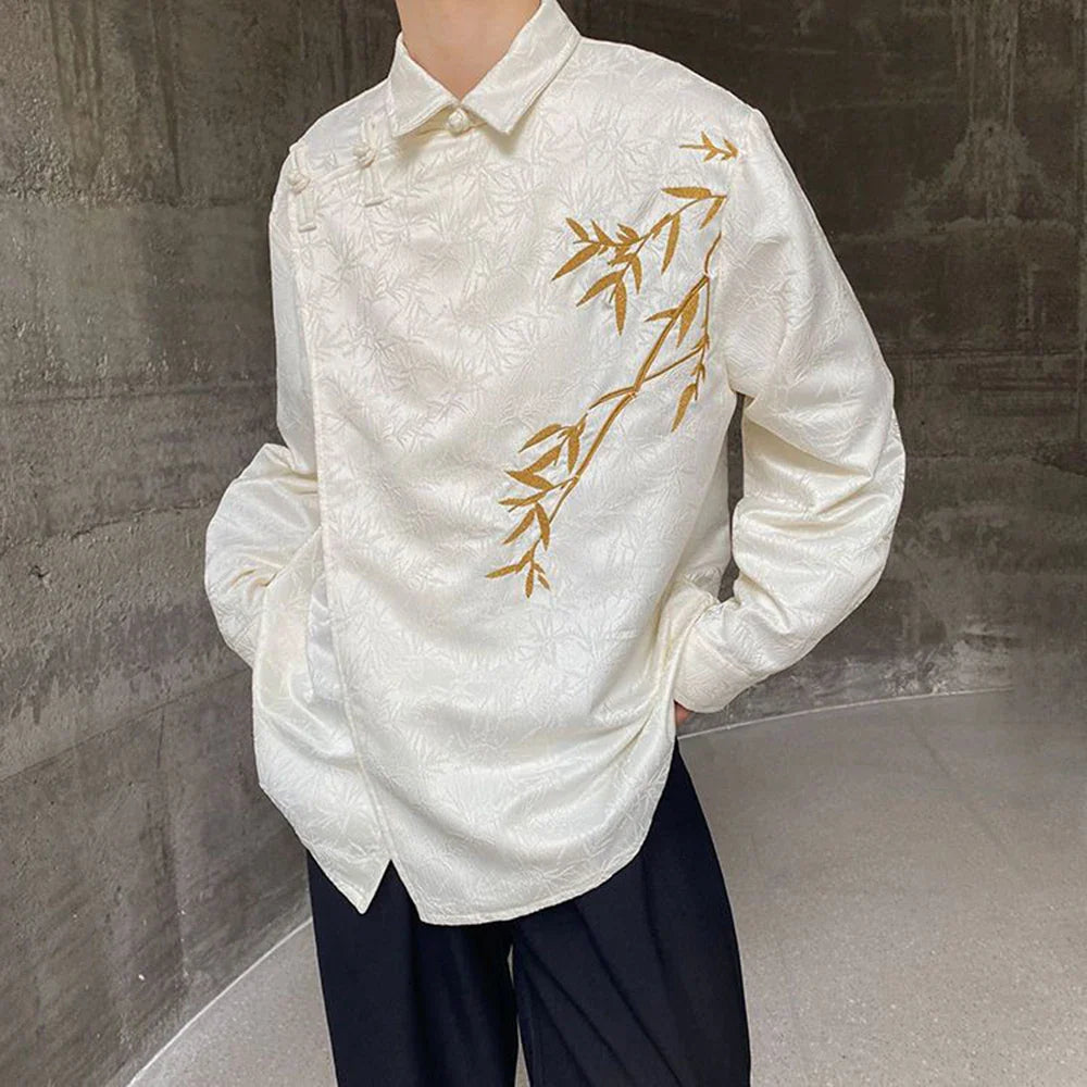 sanyamk Mens Chinese Jacquard Bamboo Embroidered Cheongsam Button Shirt Autumn Winter Genderless Retro Satin Long Sleeve Shirt Unisex