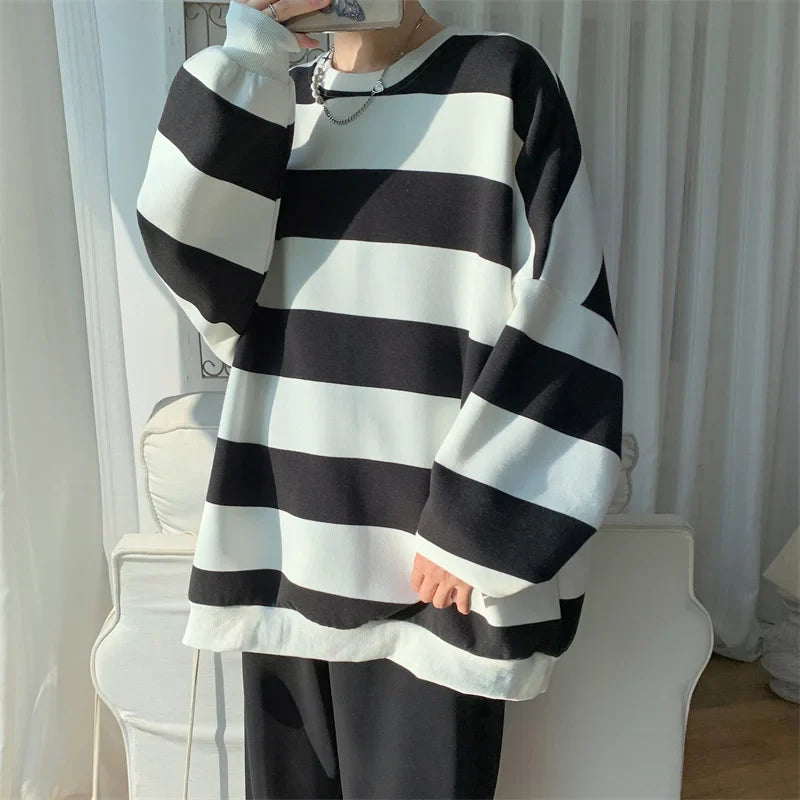 sanyamk  -  Men Women Classic Striped Hoodies Couple O-neck Loose Sweatshirt Spring Autumn Male Hip Hop Streetwear Casual Trend Pullovers