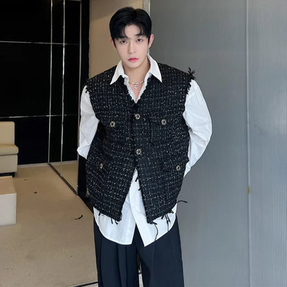 sanyamk Korean Style Coarse Tweed Vest Coat Trend Men Knit Burrs Casual Tank Tops Fashion Male Versatile Elgance Clothing 582acb