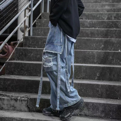 Bonsir Men's Loose Wide Leg Pants Ribbon Streetwear Casual Pants Retro Oversized Jeans Fashion Trend Blue/black Trousers M-2XL