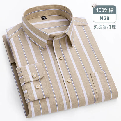 sanyamk Quality 100%Pure Cotton Men Long Sleeve Social Shirt for Oxford Shirt Men Plaid Striped Work Casual Shirt Male Regular-Fit S-8XL