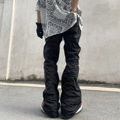 sanyamk New Black Wrinkle Pants Man Harajuku Punk Men's Streetwear Hip Hop Fashion Clothing Casual Tactical Trousers Y2k Goth Flared