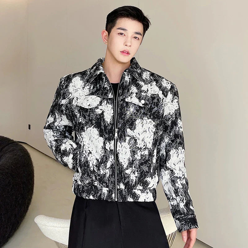 sanyamk Fashion Lapel Printed Elegant Casual Short Jacket Men's 2024 Spring Trendy High Quality Street Korean Luxury Coat