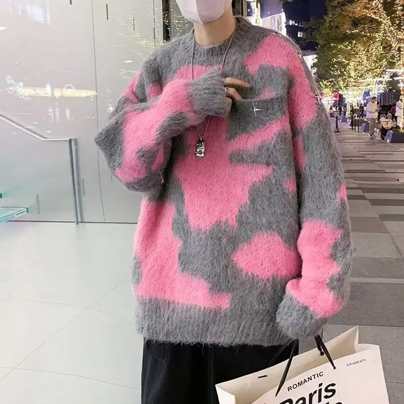 Bonsir Autumn Winter Pink Thickened Sweater Fashionable Loose Casual High Street Outer Wear Knitted Pullovers Men Tops Male Clothes