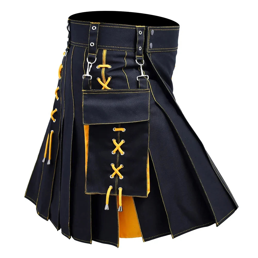 sanyamk Mens Pocket Tie Rope Scottish Skirt 2024 New Genderless Casual Fashion Medieval Retro Steampunk Contrast Color Skirt Unisex