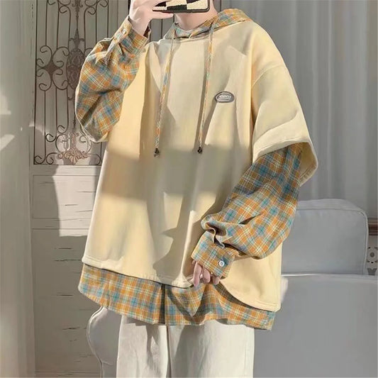 sanyamk Fashion Kahaki Patchwork Sweatshirt Autumn Loose Harajuku Vintage Plaid Hip Hop Tops Streetwear Winter High Street Gothic Hoodie