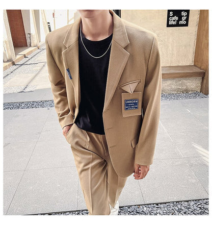 sanyamk Mens Suits Sets Jacket Pant Men Korean Streetwear Office Fashion Loose Casual Blazer Suit Jacket Pant Chic Trend Dress Suits