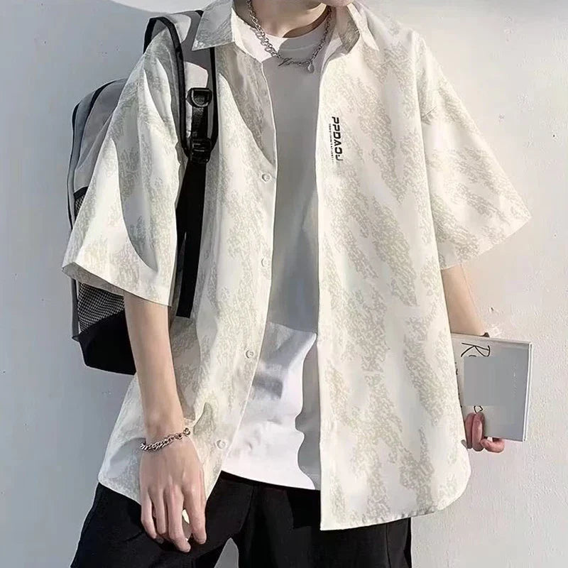 sanyamk Men's Clothing 2024 Summer Trendy Print Short Sleeve Oversized Button Down Shirt Youth Korean Casual Streetwear Hip Hop Y2K Tops