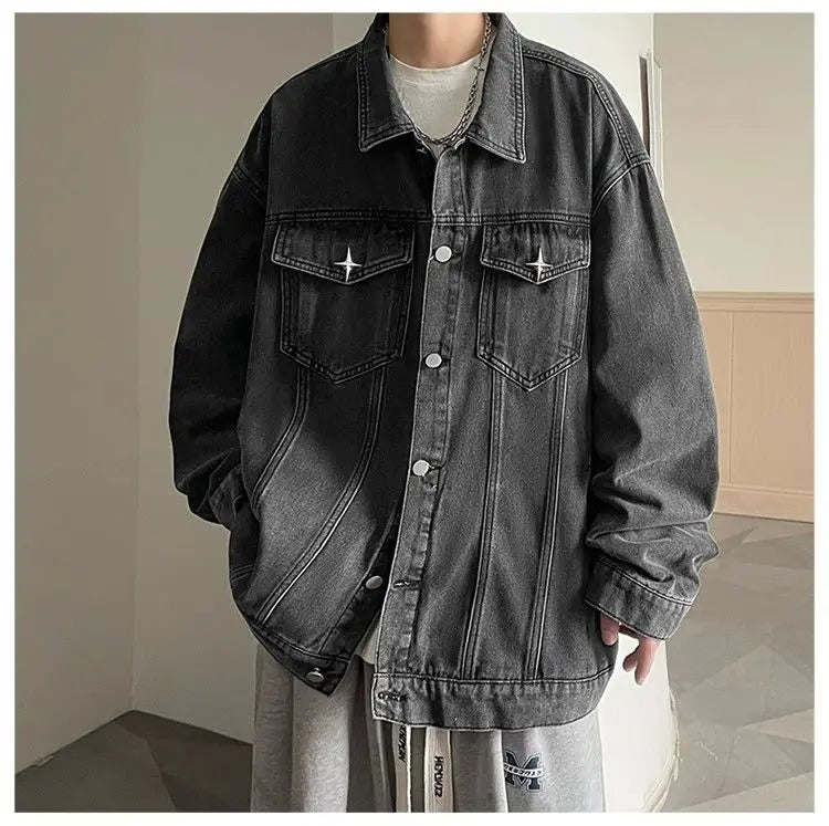 sanyamk Versatile Fashion Atutumn Winter Men's Solid Casual Loose Pockets Denim Jacket Retro Coat Cool Boys Patchwork Pockets