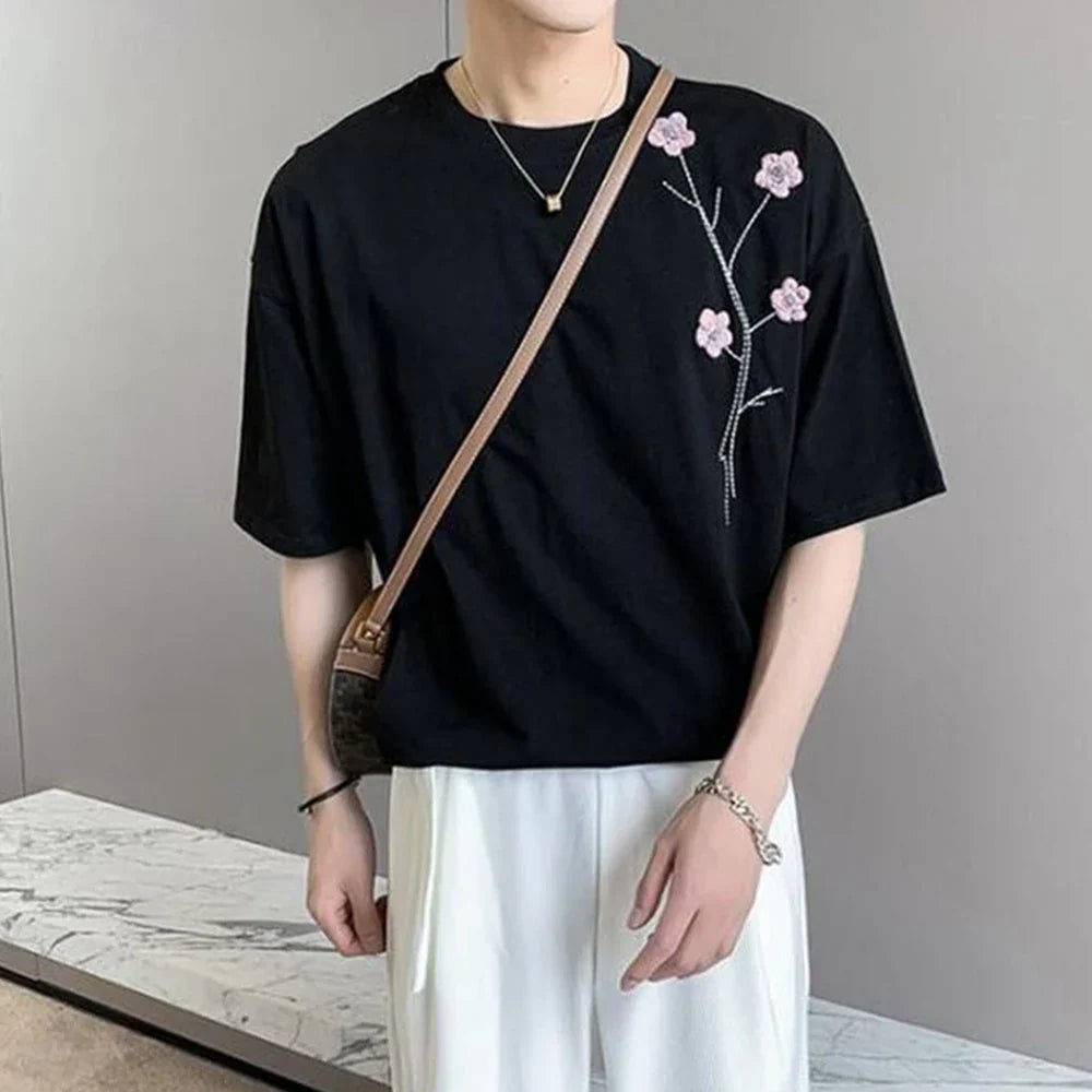 sanyamk T Shirts for Men New Summer French Short Sleeve HipHop Embroidery Solid Color O-Neck Shirt Men Clothing Mens Streetwear Top Tees