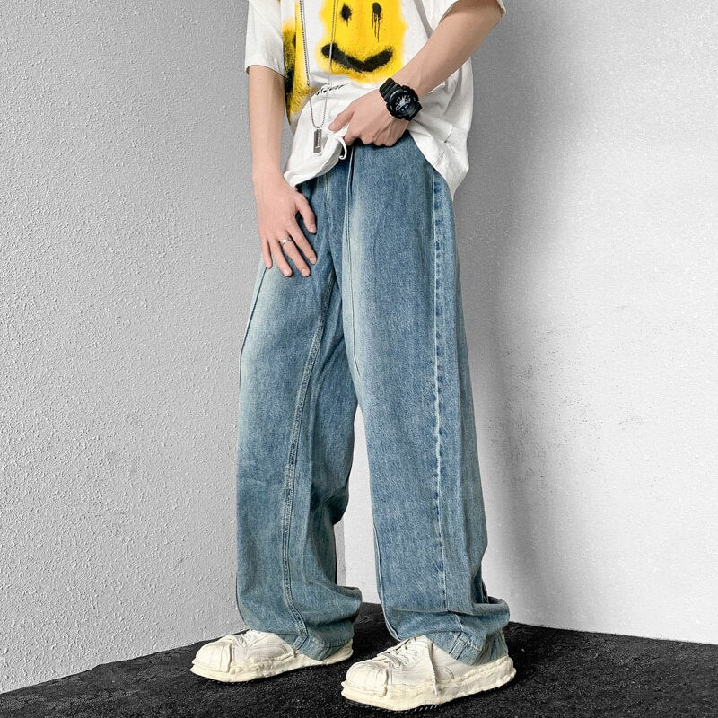 Bonsir Summer Blue/White Baggy Jeans Men Fashion Casual Straight Jeans Mens Streetwear Loose Hip Hop Wide Legs Denim Pants Men M-2XL