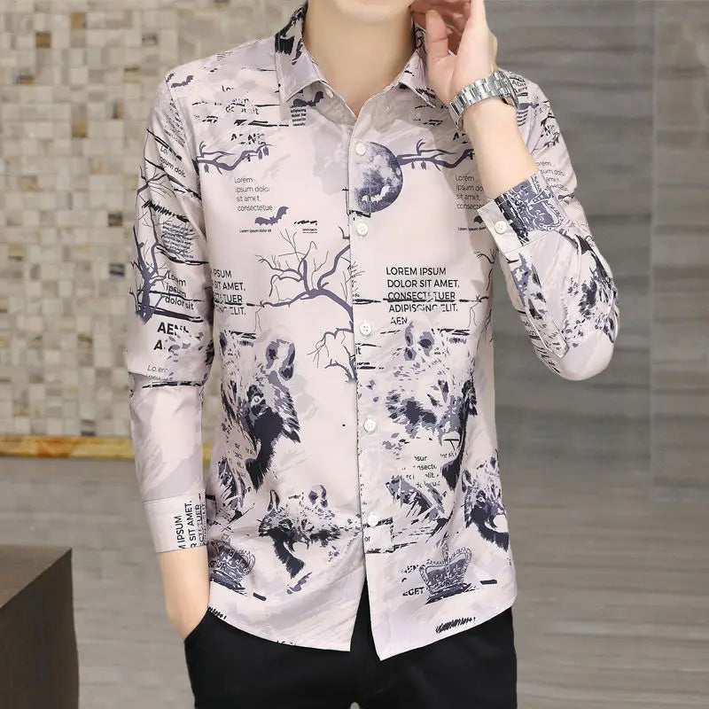 sanyamk Spring Summer Polo-neck Fashion Printed Long Sleeve Blouse Homme Vintage Buttons Top Men Personity Trend Shirt Hombre Cardigan