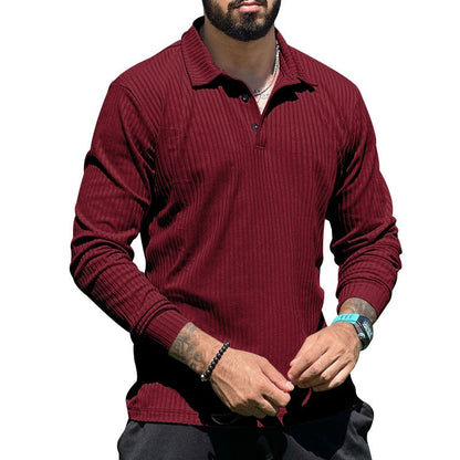 Bonsir Fall Casual Mens Polo Shirt Solid Color Ribbed Lapel Buttoned Long Sleeve Pullover Tops Men Clothes Leisure Daily Polo Tees