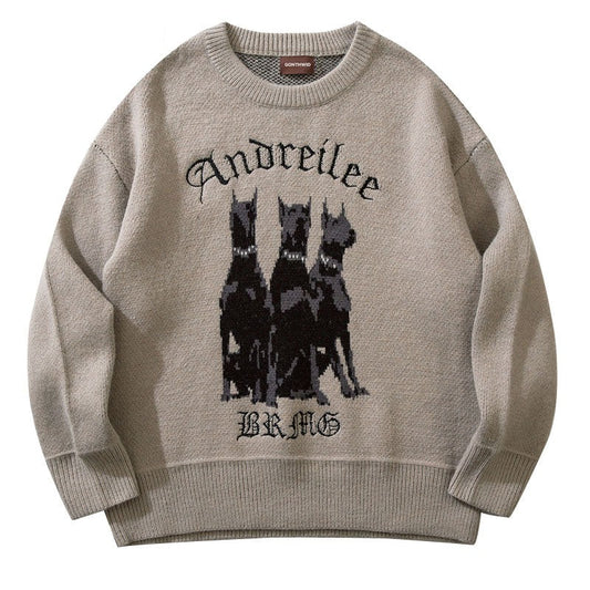 Bonsir Men Vintage Sweater Y2K Streetwear Hip Hop Vintage Knitted Doberman Dog Sweaters Autumn Harajuku Fashion Retro Casual Sweaters