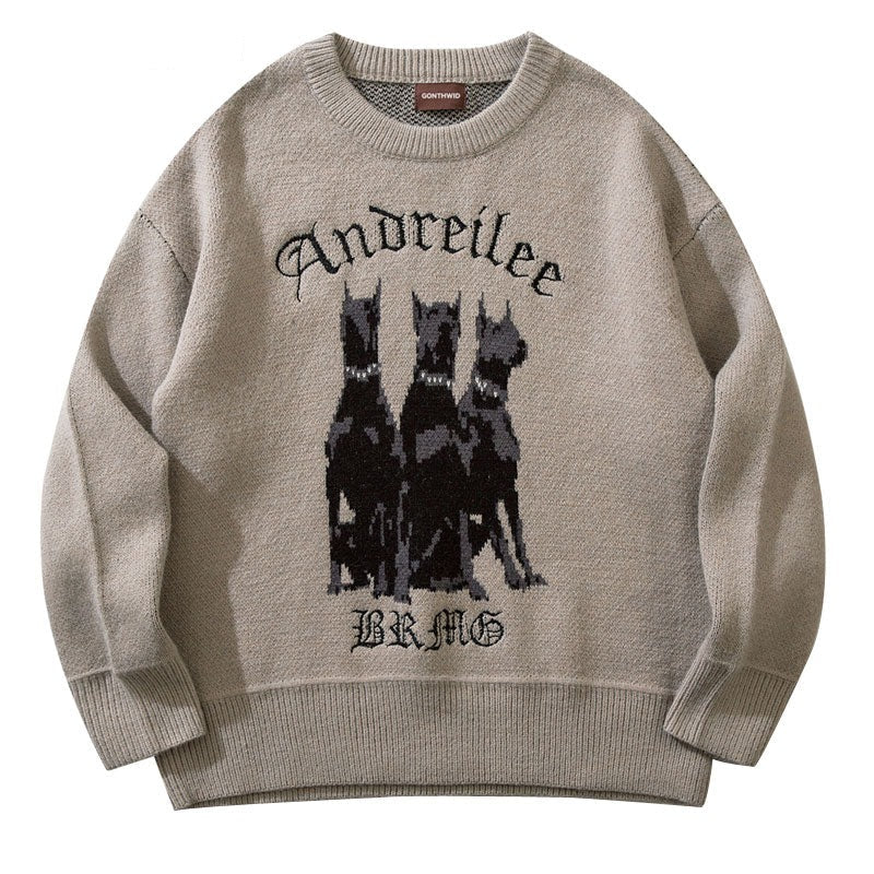 sanyamk Men Vintage Sweater Y2K Streetwear Hip Hop Vintage Knitted Doberman Dog Sweaters Autumn Harajuku Fashion Retro Casual Sweaters