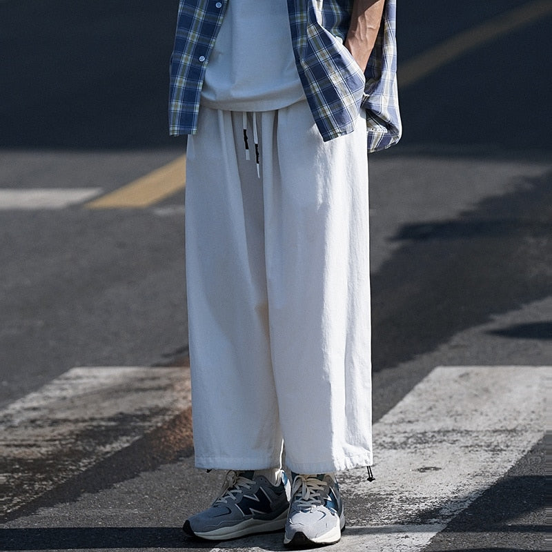 Bonsir Summer 3 Color Cotton Casual Pants Men Fashion Wide Leg Pants Men Japanese Streetwear Hip Hop Loose Straight Pants Mens Trousers