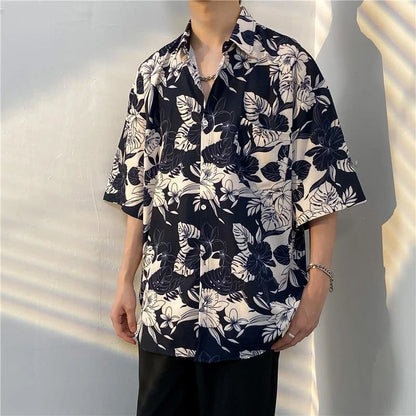 sanyamk Summer Printing Short Sleeve Shirt Men Fashion Society Mens Dress Shirt Korean Loose Ice Silk Shirts Mens Hawaiian Shirt