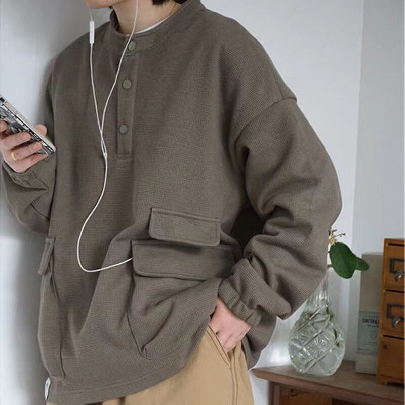 sanyamk Japanese Style Men's Retro Stand Collar Hoodies Loose Casual Coats Clothes Pullover Fashion Trend Oversized Sweatshirts