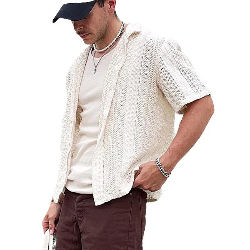 sanyamk Summer Mens Knitted Shirts Beach Casual Solid Color Short-sleeved Button Lapel Knit Cardigan Men Tops Knitting Embroidery Shirt