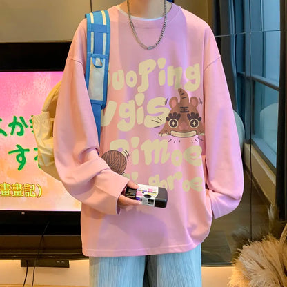 Bonsir Letter Printing O-Neck Sweatshirt Men's Autumn Retro Cartoon Graphic Tops Oversize Couple's Fit Harajuku Y2k Sweatshirt Up To5XL