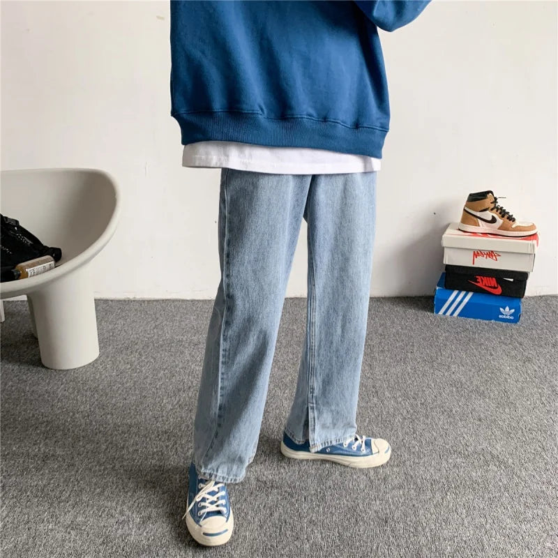 sanyamk Blue Jeans Men Loose Straight Leg Split Pants Spring New Casual Streetwear Pants Korean Kpop Clothes Simple All-match Trousers