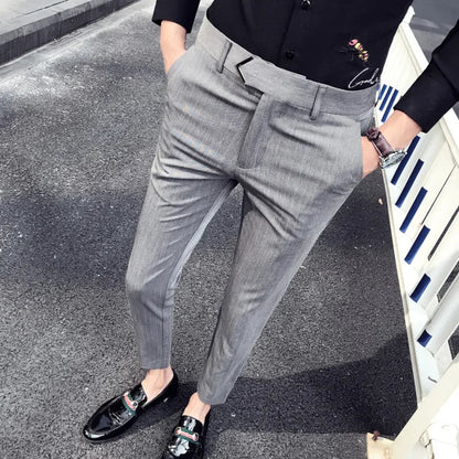 sanyamk   -  British Style Suit Pants Men Dress Pants Social Slim Fit Office Trousers Men Grey Spring New Striped Belt Trousers Men's