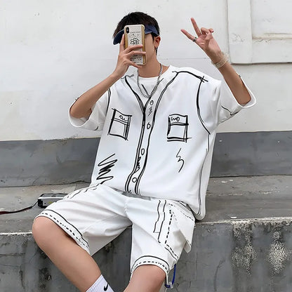 sanyamk Summer 2 piece Men's Sets Shorts T-shirts Funny Hand-painted Costume Short Sleeve Oversize Sweatsuit Streetwear Graffiti Clothes