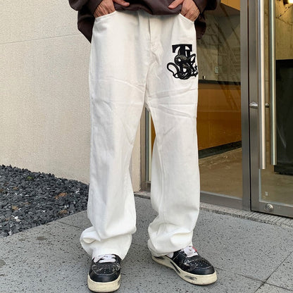 Bonsir High Street Letter Embroidery White Black Straight Jeans Pants for Male and Female Retro Harajuku Baggy Casual Denim Trousers