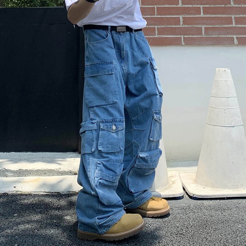 Bonsir Harajuku Solid Color Washed Blue Jeans Pants Men and Women Straight Streetwear Pockets Distressed Denim Cargo Trousers Oversize