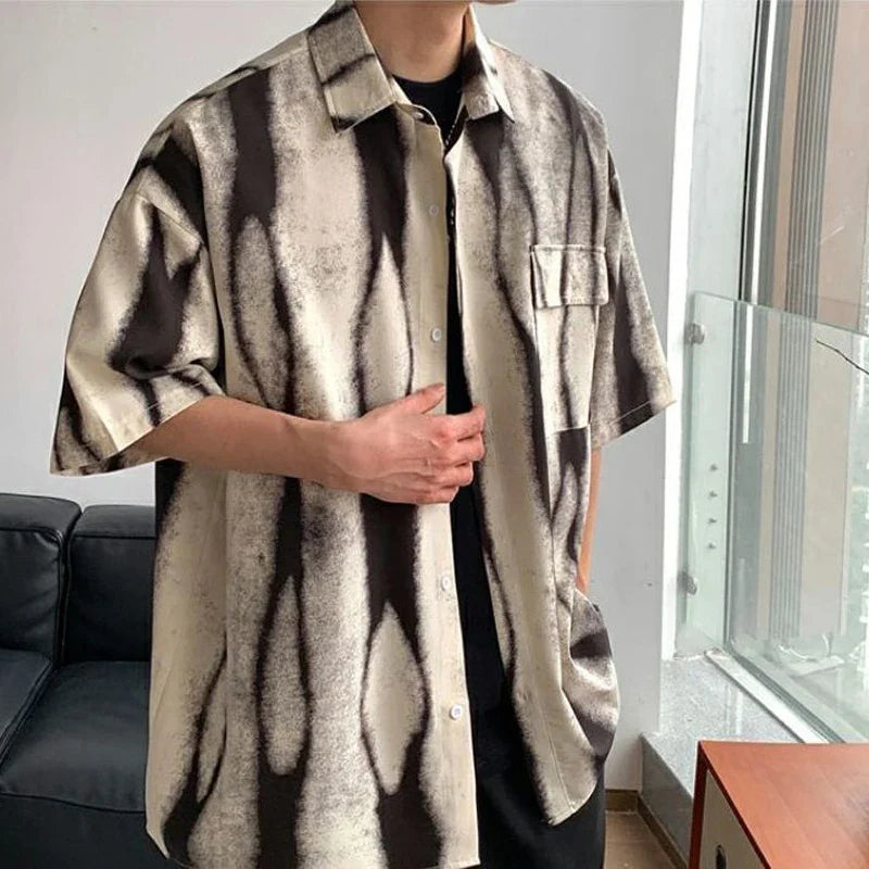 Bonsir Men Trendy Tie Dye Print Casual Streetwear Oversize Shirt Youth Summer Short Sleeve Y2K Harajuku Handsome Tops Camisas De Hombre